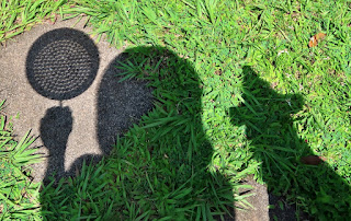 shadows of food steamer, a person holding it and a dog, during annual eclipse