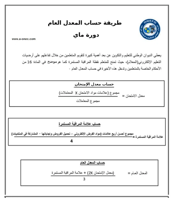 الديوان الوطني للتعليم والتكوين عن بعد - حساب معدل النجاح في امتحان المستوى - نتائج المراسلة