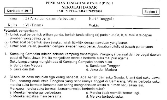 Kumpulan Soal Penilaian Tengah Semester (PTS) Ganjil Tema 2 Bagian 1 Kelas 6 SD Terbaru Tahun 2019/2020 Gratis