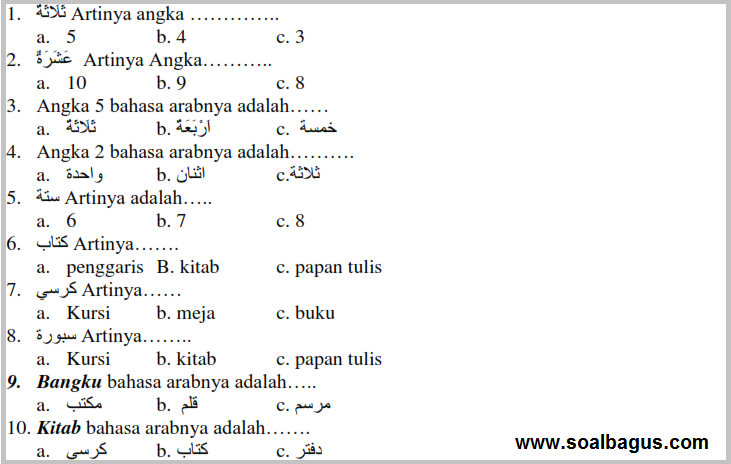  Soal  PTS MI Kelas  1 B Arab  Semester 1 Th 2020 