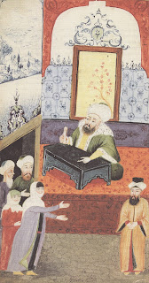 Mutsuz bir kadın, kadıya kocasının iktidarsızlığını şikayet ediyor. (18. yüzyıl Osmanlı minyatürü)