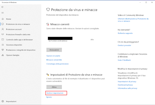 Protezione da virus e minacce, Gestisci impostazioni