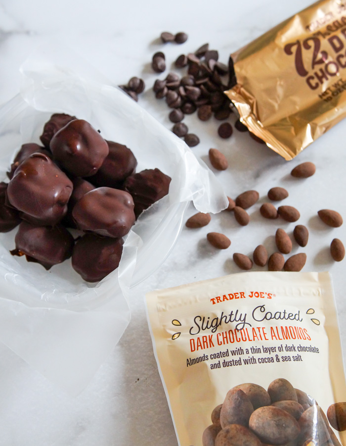 Trader Joe's RECIPE: Chocolate Almond Dates, in container with trader joes products