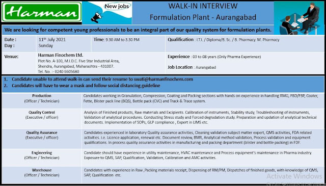 Job Availables, Harman Finochem Ltd Walk-In Interviews for Production/ QA/ QC/ Engineering/ Warehouse