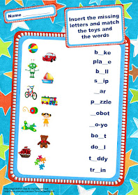 Toys worksheet, inserting the missing letters
