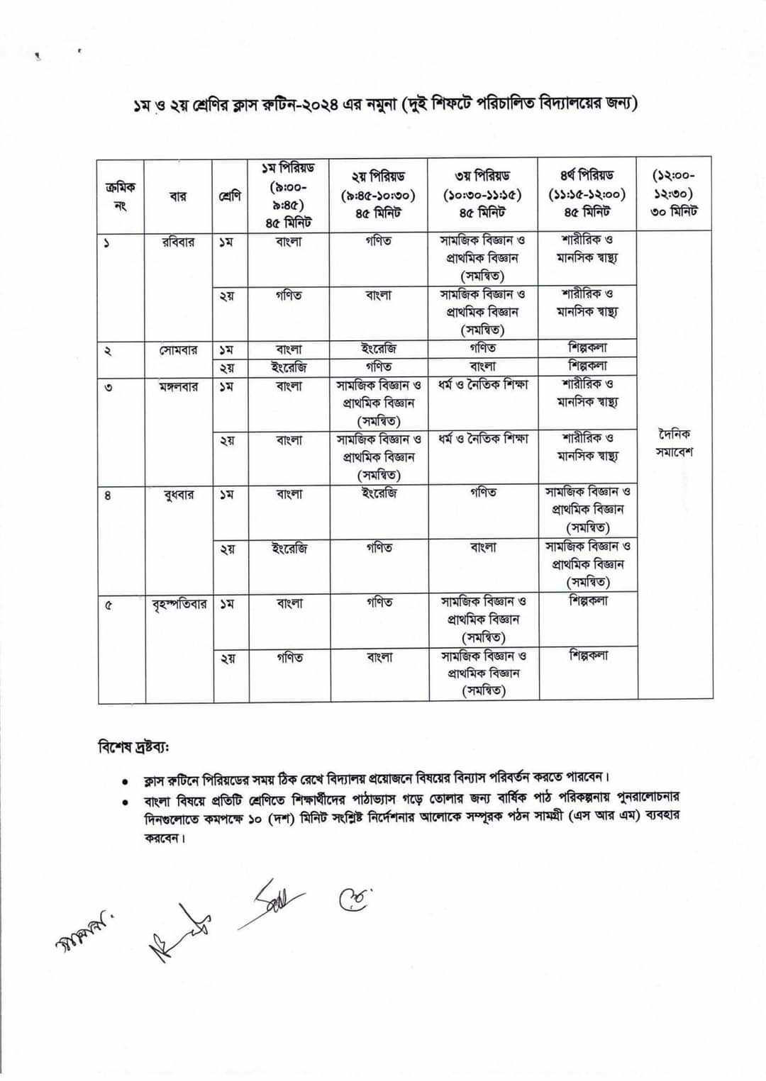 প্রাথমিক বিদ্যালয়ের দুই শিফটের রুটিন ২০২৪ (১ম ও ২য় শ্রেণি)