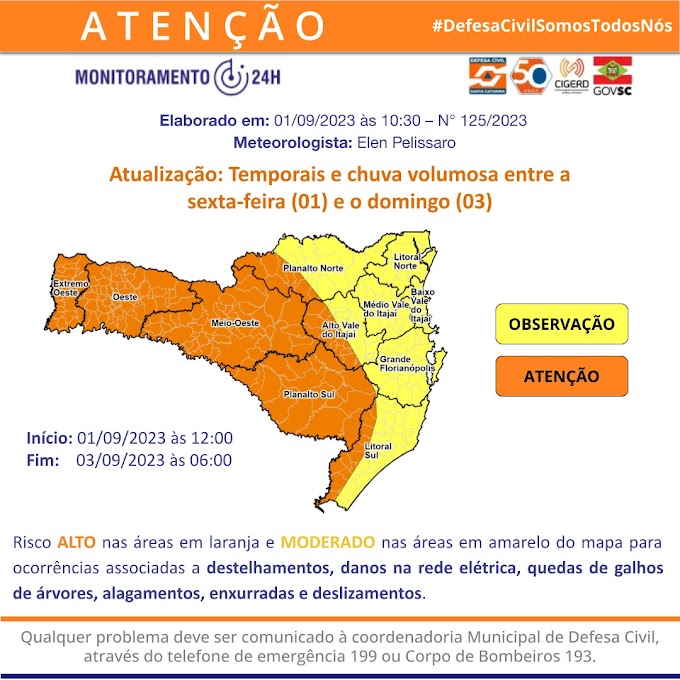 Defesa Civil alerta para ocorrência de tempestades severas em diversas regiões de Santa Catarina