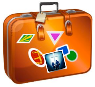 Suitcase with travel stickers including family at the cross