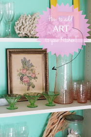 Art in the kitchen, twine interiors, open shelves, vintage dishes, shelf styling, kitchen styling