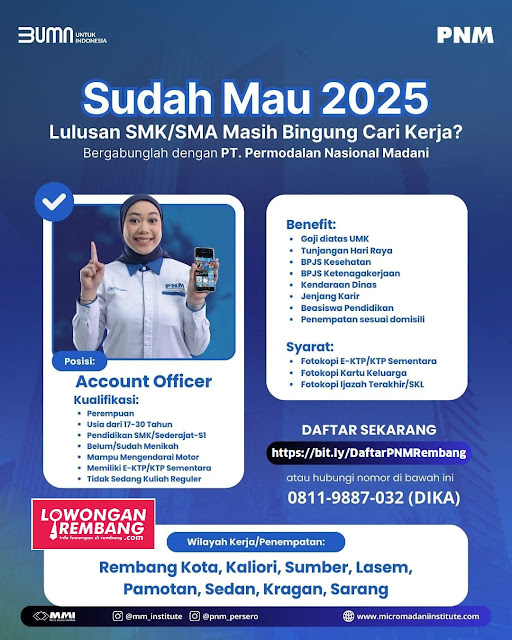 Lowongan Kerja Pegawai Account Officer BUMN PT Micro Madani Institute PNM Mekaar Rembang