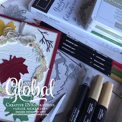 By Angie McKenzie for Global Creative Inkspirations; Click READ or VISIT to go to my blog for details! Featuring the Seasonal Wreaths Stamp Set  and All Around Wreath Dies along with the Gathered Leaves Dies; #seasonalwreathsstampset #allaroundwreathdies #leaves #stampinupdies  #alloccasioncards #coloringtechniques #autumnisintheair #linenthreadbow #porchdecor 