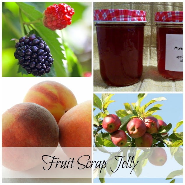 A collage of blackberries, peaches, apples and jars of mixed fruit jelly