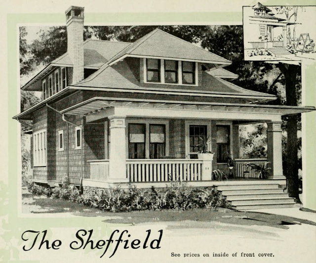 black and white drawing of hip roof bungalow with large front and side dormers, and a big porch across the front,  Aladdin Sheffield model, 1918 Aladdin Homes catalog