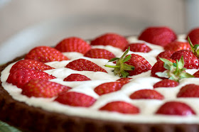 Vegan chocolate strawberry cocos cake close up