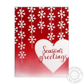 Sunny Studio Stamps: Red Stitched Snowflake Christmas Card by Mendi Yoshikawa (using free mini snowflake die, Stitched Heart Dies & Festive Greetings stamps)