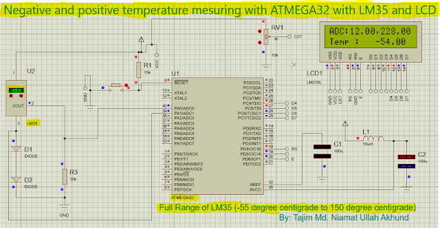 Negative & positive temperature measuring with ATMEGA32, LM35 & LCD [Full Code+Circuit Design]