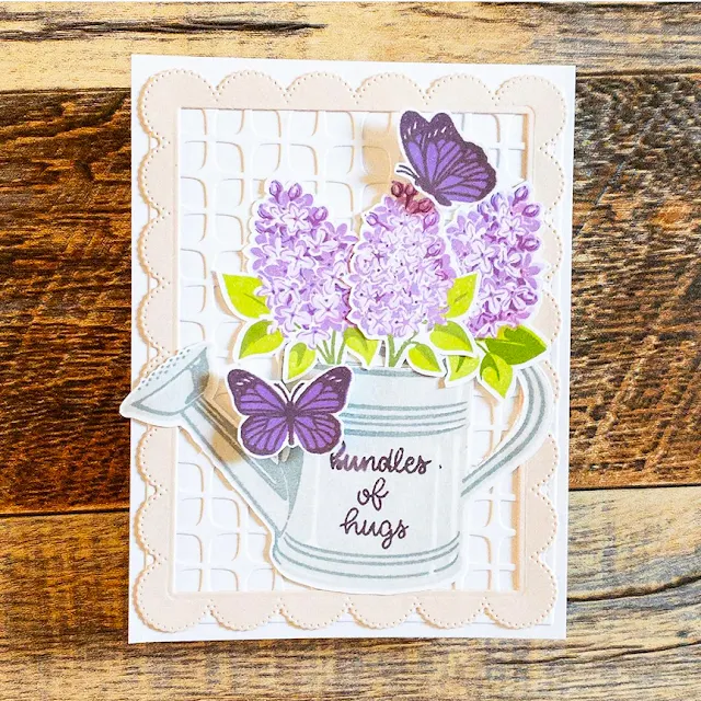 Sunny Studio Stamps: Lovely Lilacs, Watering Can, Frilly Frame Dies Customer Card by Jen Mathis