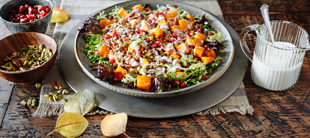 Roasted Winter Squash, Lentil and Greens Salad in a Serving Bowl