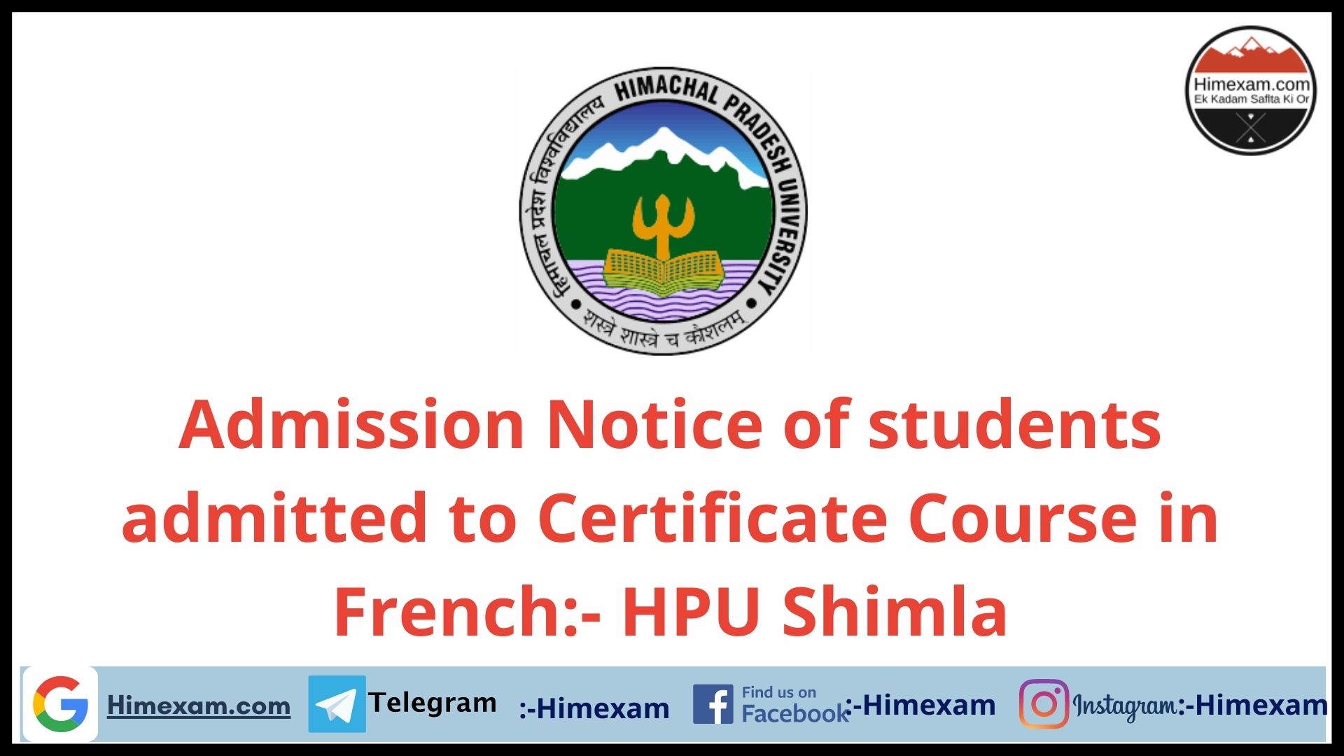 Admission Notice of students admitted to Certificate Course in French:- HPU Shimla