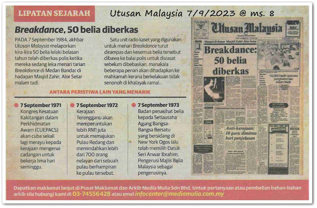 Lipatan sejarah 7 September - Keratan akhbar Utusan Malaysia 7 September 2023
