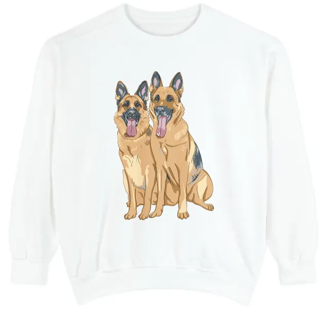 Garment-Dyed Sweatshirt for Men and Women with Two Giant Tan Color German Shepherds Sloppy Sitting Leaving Tongue Out