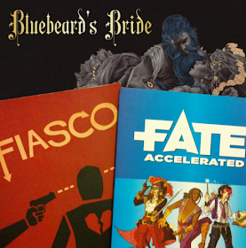 The current cover art for three descriptive roleplaying games: Bluebeard's Bride, Fiasco, and Fate Accelerated