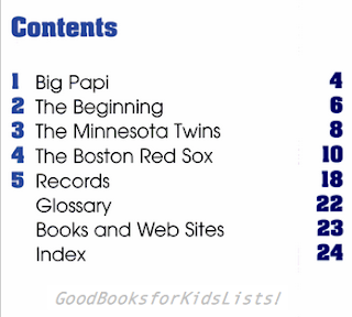 Table of Contents from DAVID ORTIZ: BASEBALL STAR by Ann Hoffman