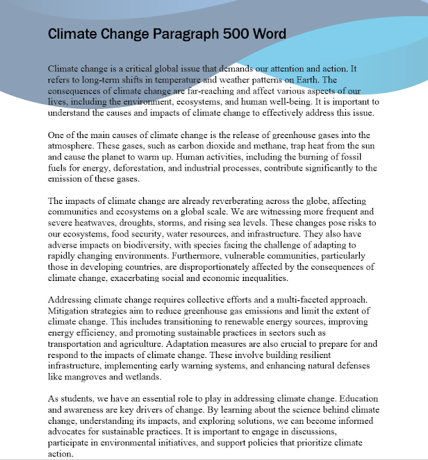 Climate Change Paragraph 500 Word Climate Change, Paragraph 200 Word