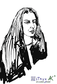 Девушка с длинными каштановыми волосами распущенными поверх чёрной куртки, разговаривает с девушкой подругой. Автор рисунка: художник Андрей Бондаренко #iThyx