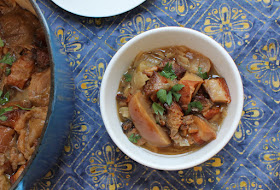 Food Lust People Love: These cider-braised pig cheeks with apples are a triumph of slow cooking at its tender-making best. Both the pork and the apples are melt in your mouth delicious, a perfect bowl of Autumn on a chilly day. For the two tart apples, use a variety like Granny Smith or, if you are so fortunate, Cox’s Orange Pippin. The two sweeter apples can be whichever you prefer for eating straight out of your hand, for instance, Royal Gala or Red Delicious . If you don’t have pork stock (or a pork stock cube to dissolve in water), you can substitute chicken or vegetable stock.