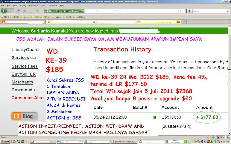WD ke-39 $185 24 Mei 2012, total WD sejak join 5 Juli 2011 $7368