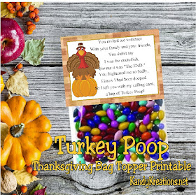 What a hoot!  Share a fun laugh with your friends and family on Thanksgiving with this printable Turkey Poop bag topper.  With a fun poem that you can add to a bag of treats, you'll be wishing your loved ones a Happy Thanksgiving with a scared turkey and some yummy sweets.