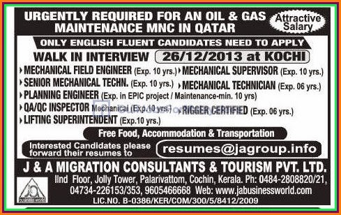 Vacancies For Oil & Gas Project Qatar