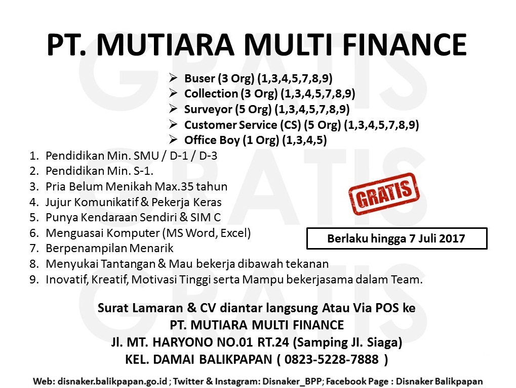 Lowongan Kerja Kota Balikpapan: Lowongan PT. MUTIARA MULTI 