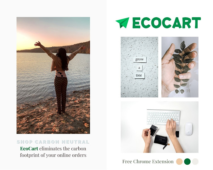 Ecocart logo Lina Mayorga extending her arms to the sun people using the laptiop to buy online graphic about how Ecocart eliminates the carbon footprint of your online orders