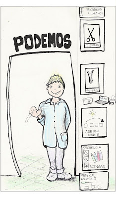 dibujo de un niño en edad escolar con varios pictogramas hechos a mano que representanlos recortes en la escuela y la falta de accesibilidad a la comunicación y la información, todo ello encabezado con el lema PODEMOS