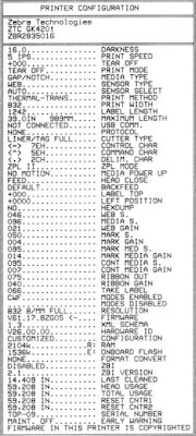 Impressão de auto teste da impressora de etiquetas Zebra GK420t com algumas configurações de impressão