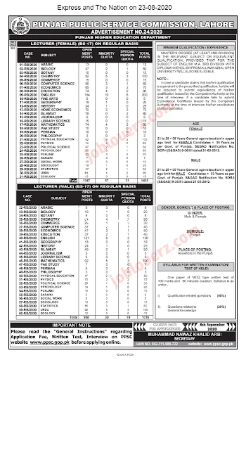 PPSC Lecturer Jobs 2020 Online Apply - PPSC