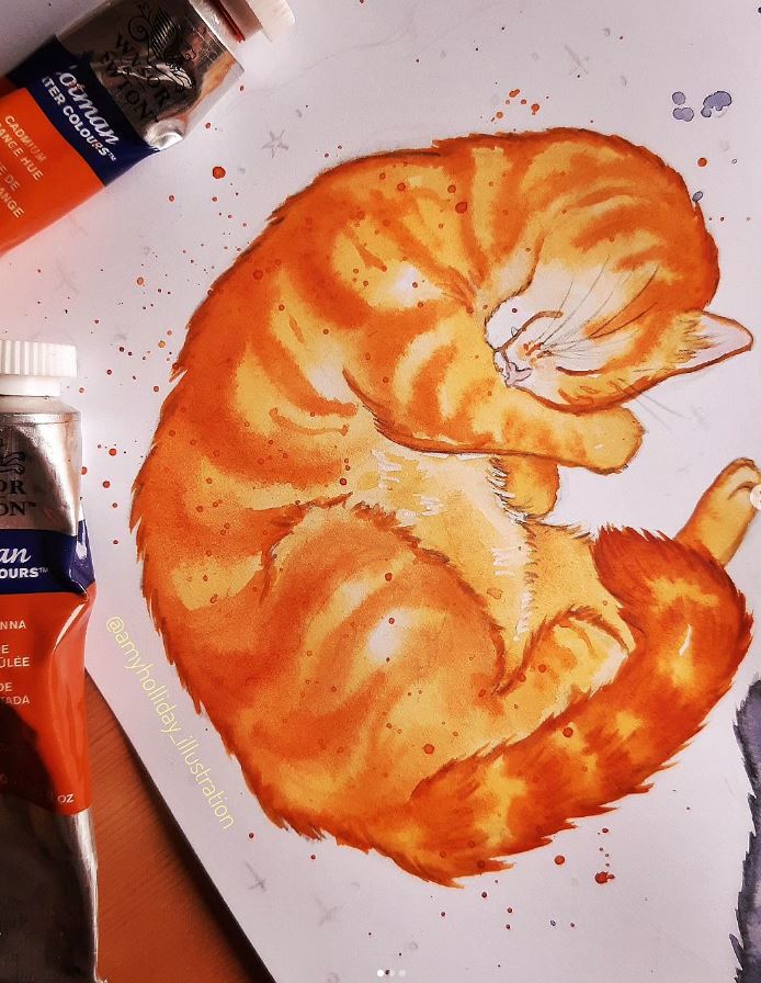 orange ginger sleepy tabby cat watercolor painting