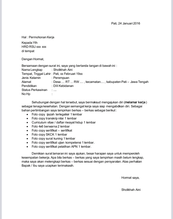 Contoh Penulisan Surat Lamaran Pekerjaan Untuk Bidan Perbidkes