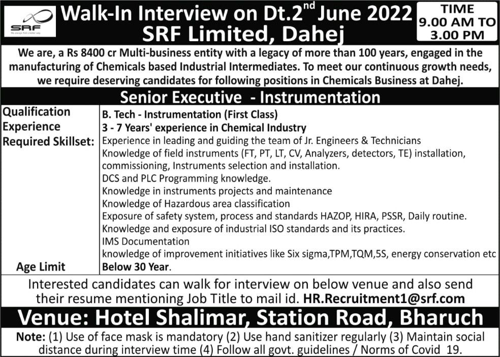 Job Available's for SRF Ltd Walk-In Interview for B Tech Instrumentation