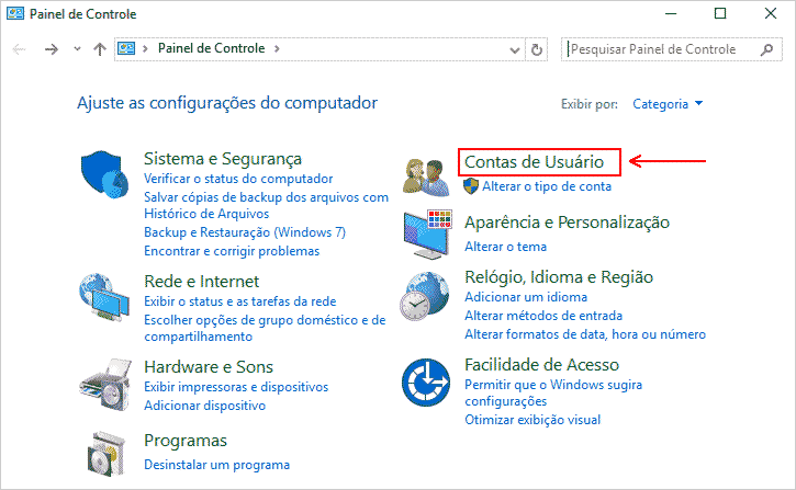 Acessando a opção Contas de Usuário no Windows 10