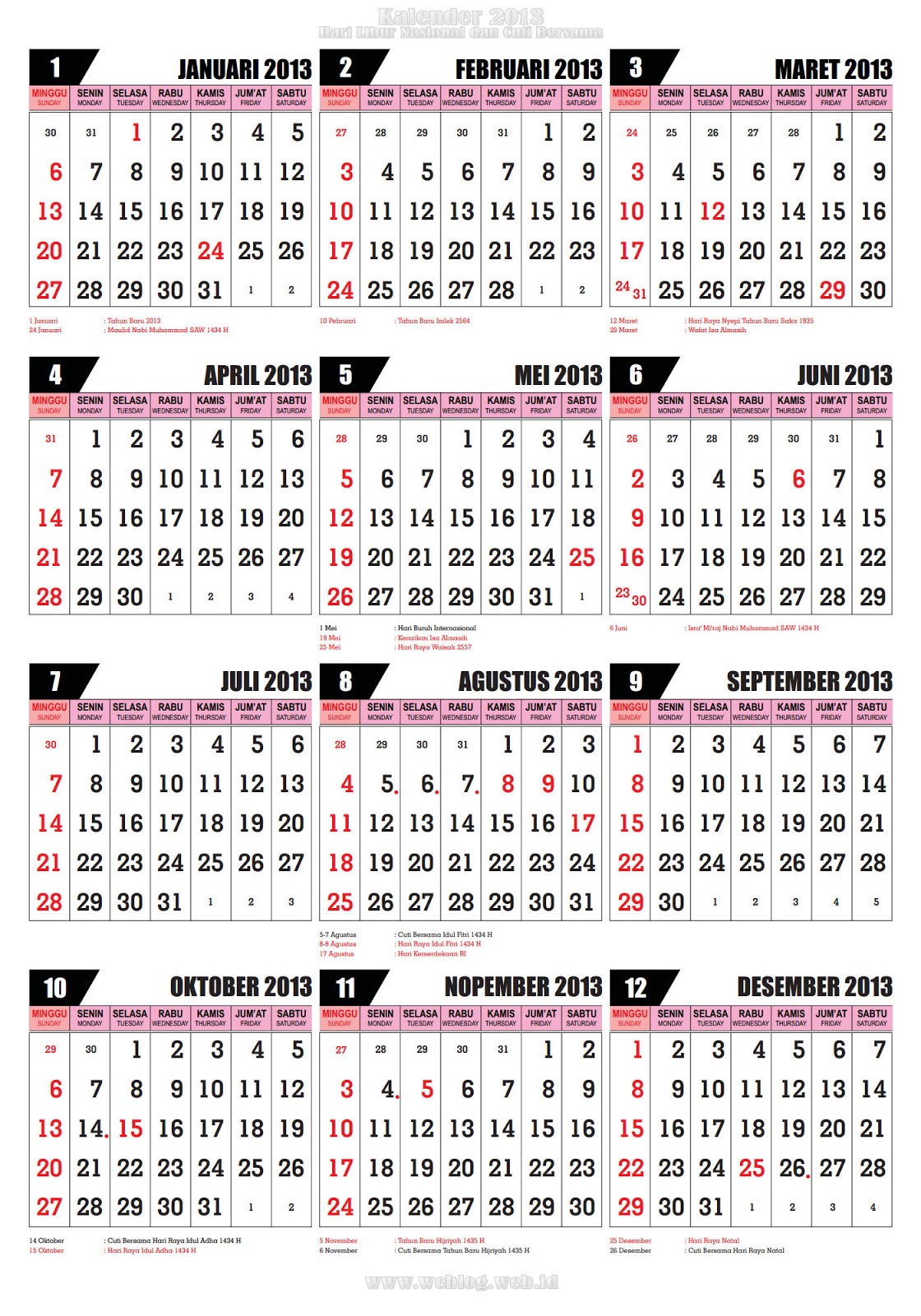 Download Kalender 2013 Hari Libur Nasional dan Cuti