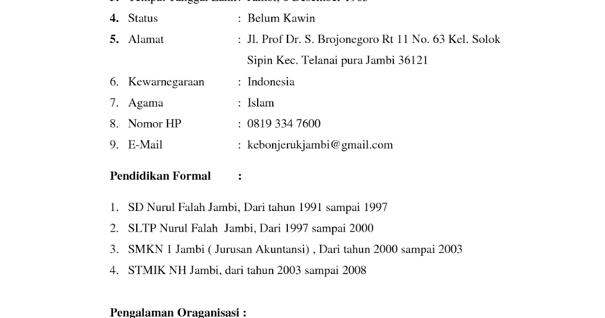 Contoh Format Daftar Riwayat Hidup Lamaran Kerja  Mutiara 