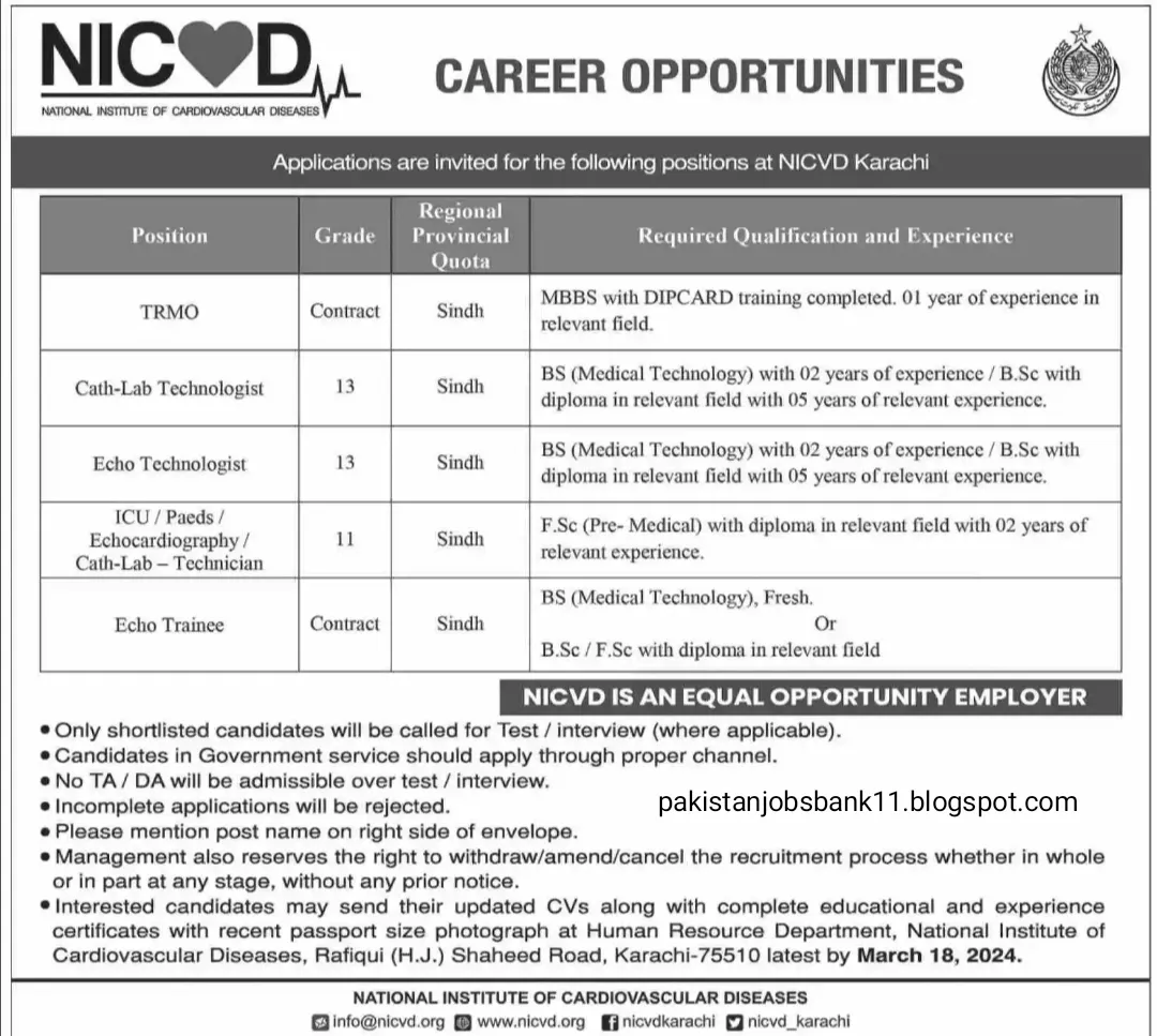 official job advertisement for National Institute of Cardiovascular Diseases NICVD Jobs 2024