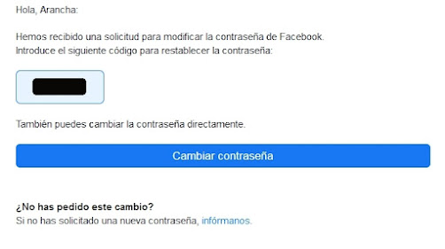 Email fraudulento en el que envían una contraseña que supuestamente ha sido solicitada para recuperar la cuenta de FB