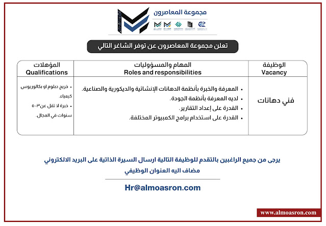 مطلوب موظفين للعمل لدى مجموعة المعاصرون