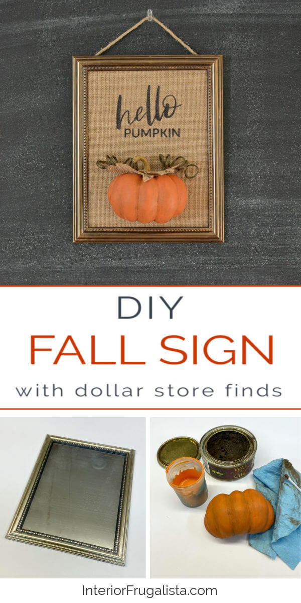 A unique DIY Hello Pumpkin Burlap Wall Art idea for Fall using inexpensive repurposed dollar store finds plus tips for how to print on burlap fabric. #diyfalldecor #burlapcraft