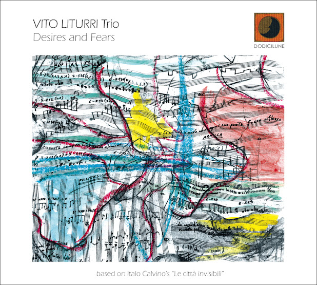 Copertina del disco Desire And Fears del Vito Liturri Trio raffigurante un disegno con delle note musicali.