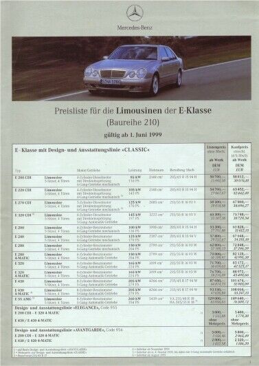 Mercedes Benz W210 E-Klasse Limousine Preisliste 01. juni 1999